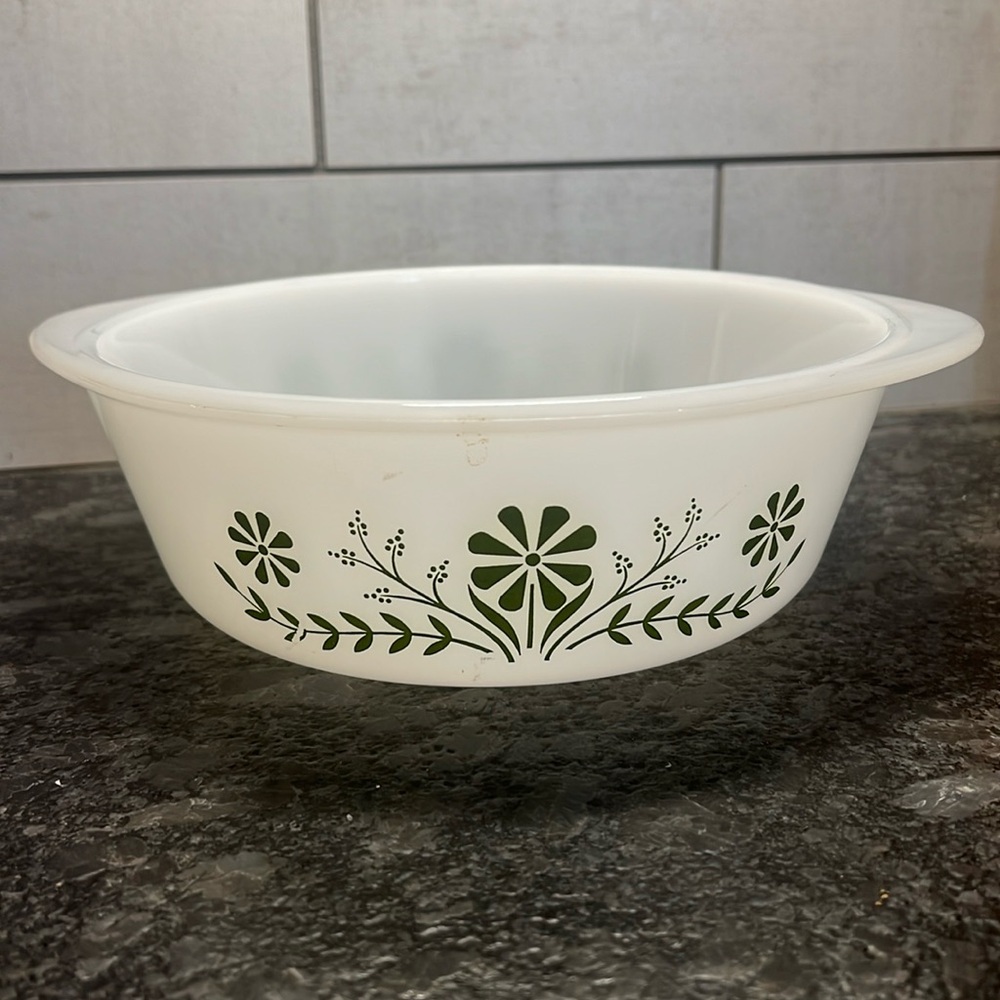 Glassbake 8 inch round. “crazy daisy pattern”.  Milkglass. Like new